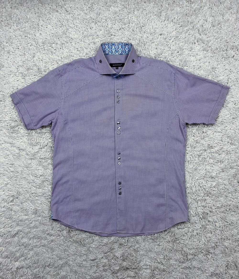 Bogosse Shirt Mens XL Size 6 Purple Houndstooth Short Sleeve Button Up Cotton